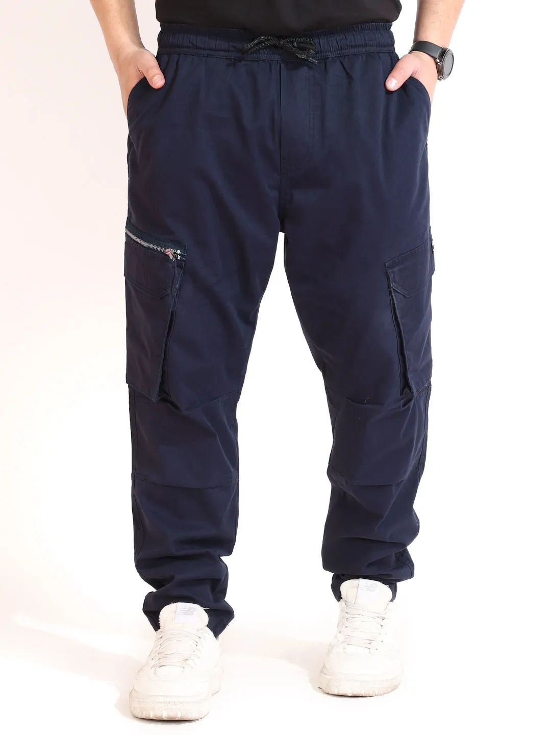 Navy Peach Cotton Twill Zipper Design Plus Size Cargo