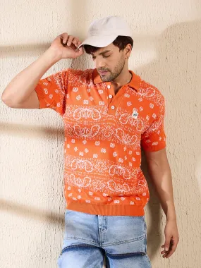 Orange Paisley Knitted Polo Tshirt