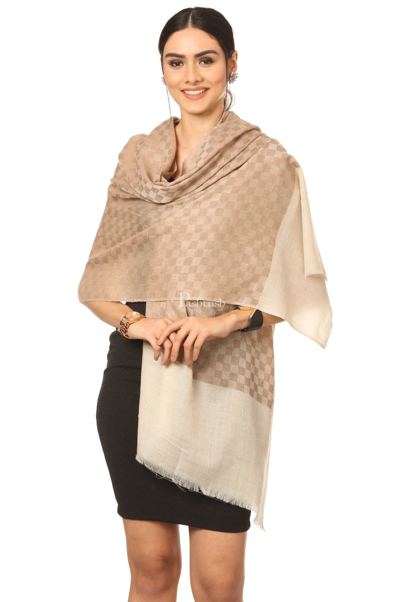 Pashtush Fine Wool Luxury Striped Design Scarf, Stole, Weaving Design - Beige