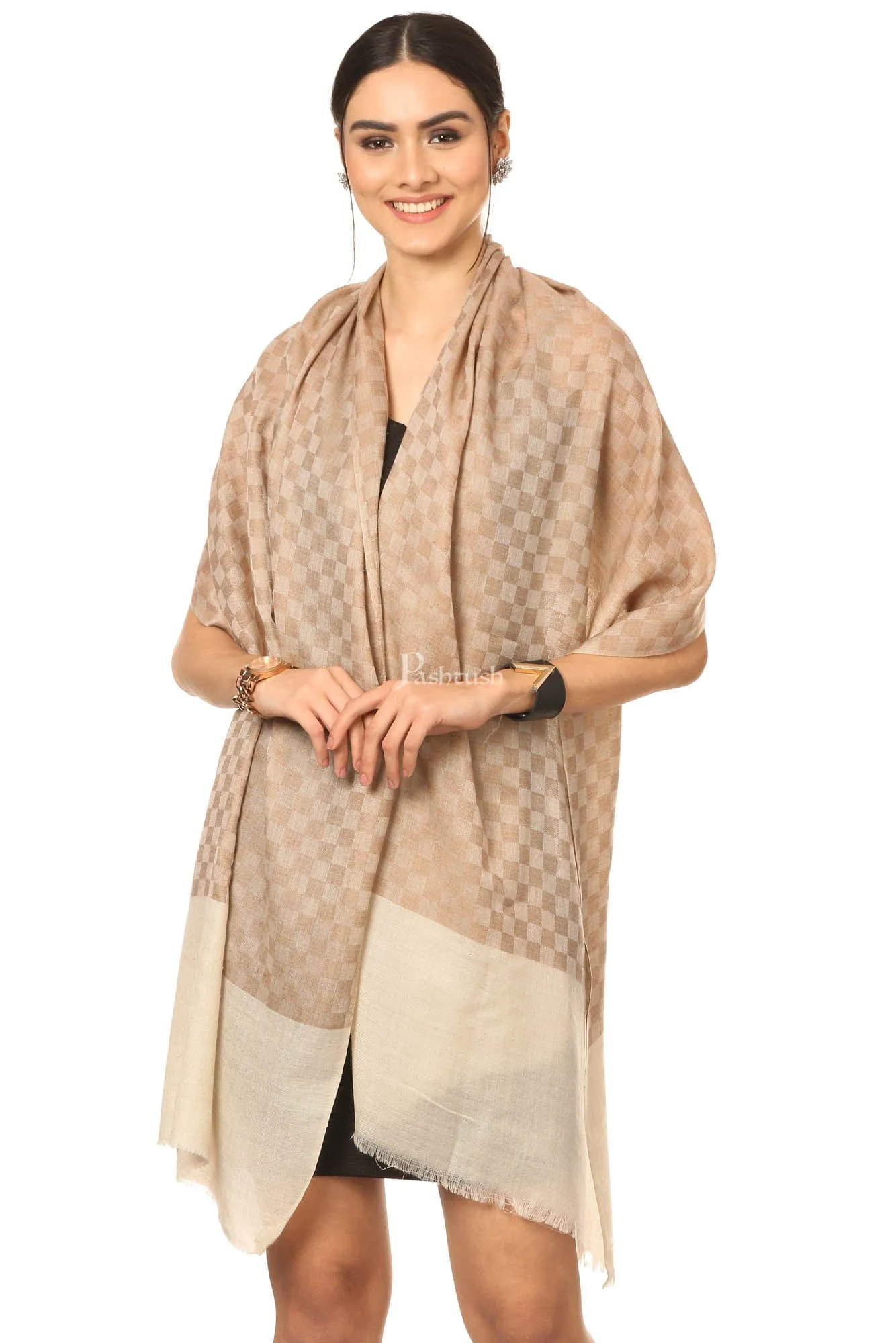 Pashtush Fine Wool Luxury Striped Design Scarf, Stole, Weaving Design - Beige