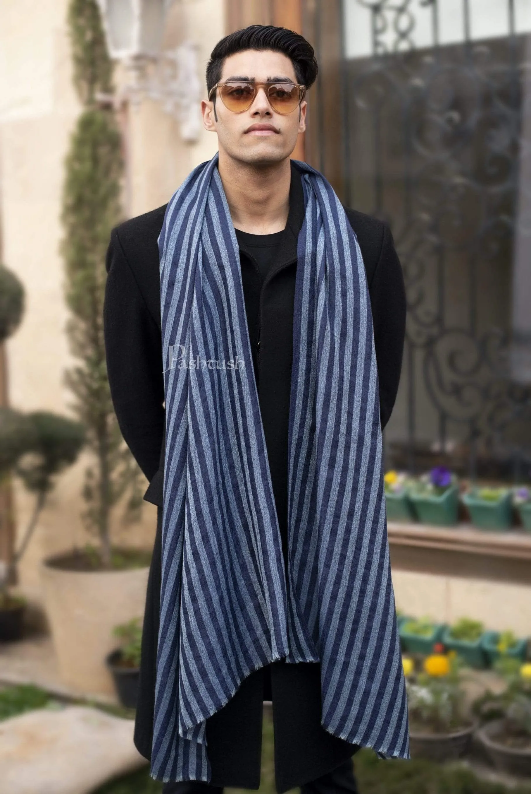 Pashtush Mens Cashmere And Wool Scarf, Striped Cobalt Blue