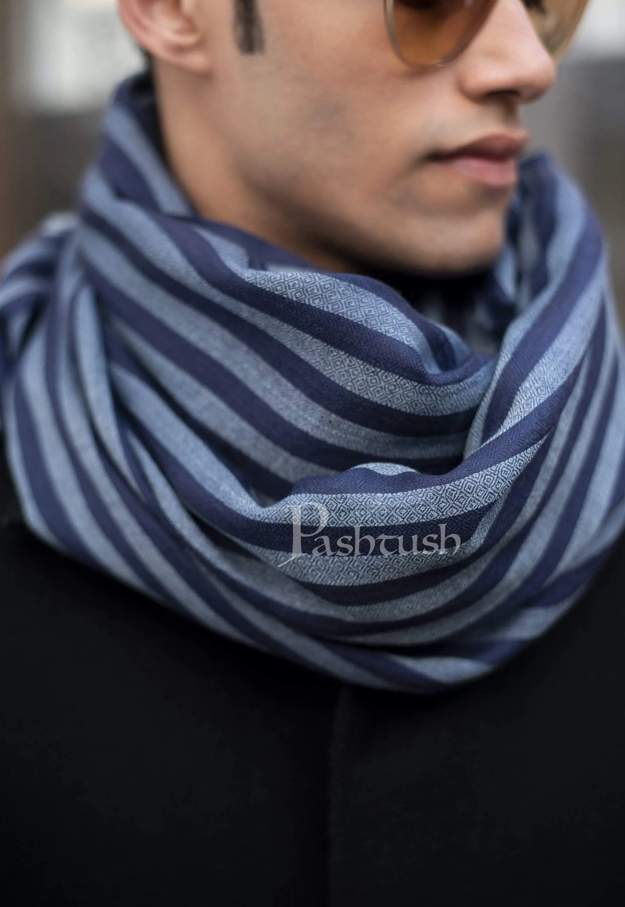 Pashtush Mens Cashmere And Wool Scarf, Striped Cobalt Blue