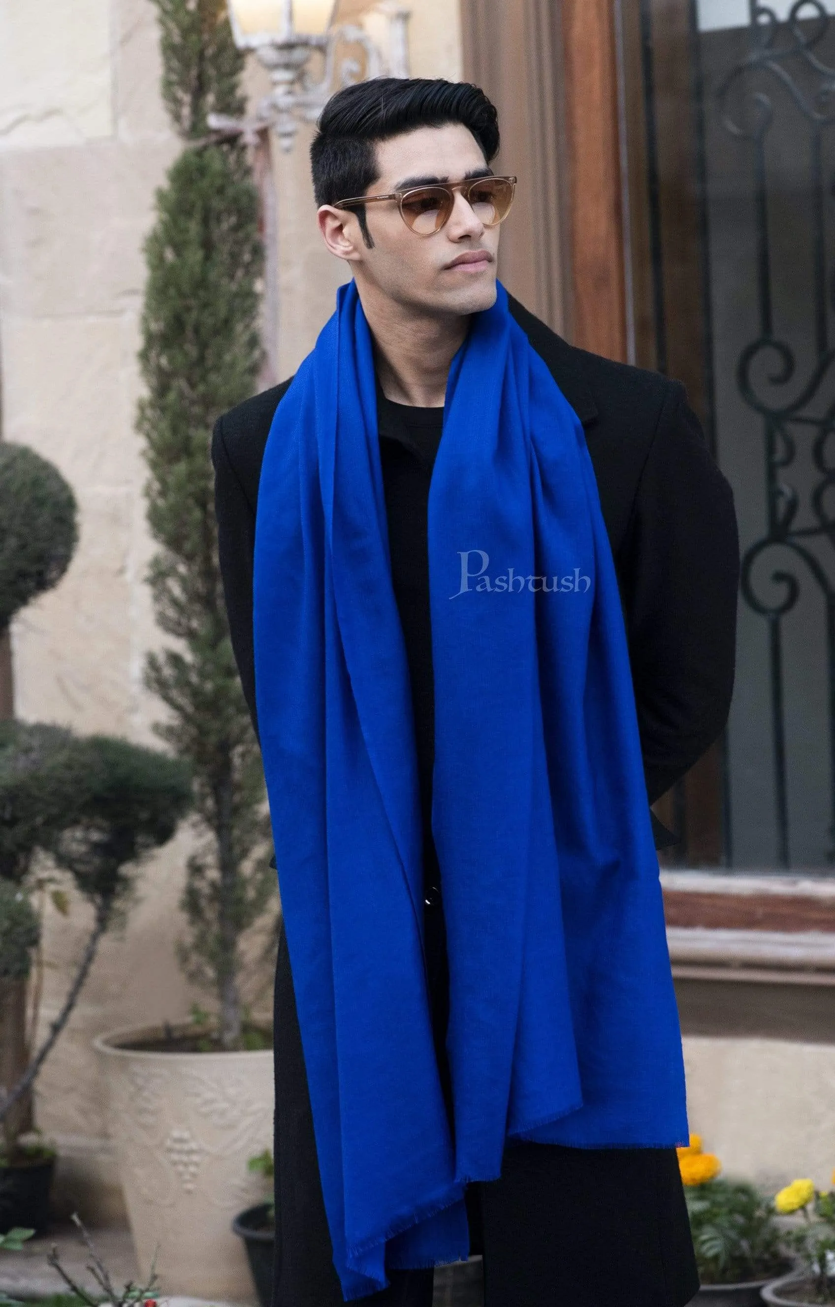 Pashtush Mens Cashmere Wool Scarf, Diamond Weave, Azure Blue