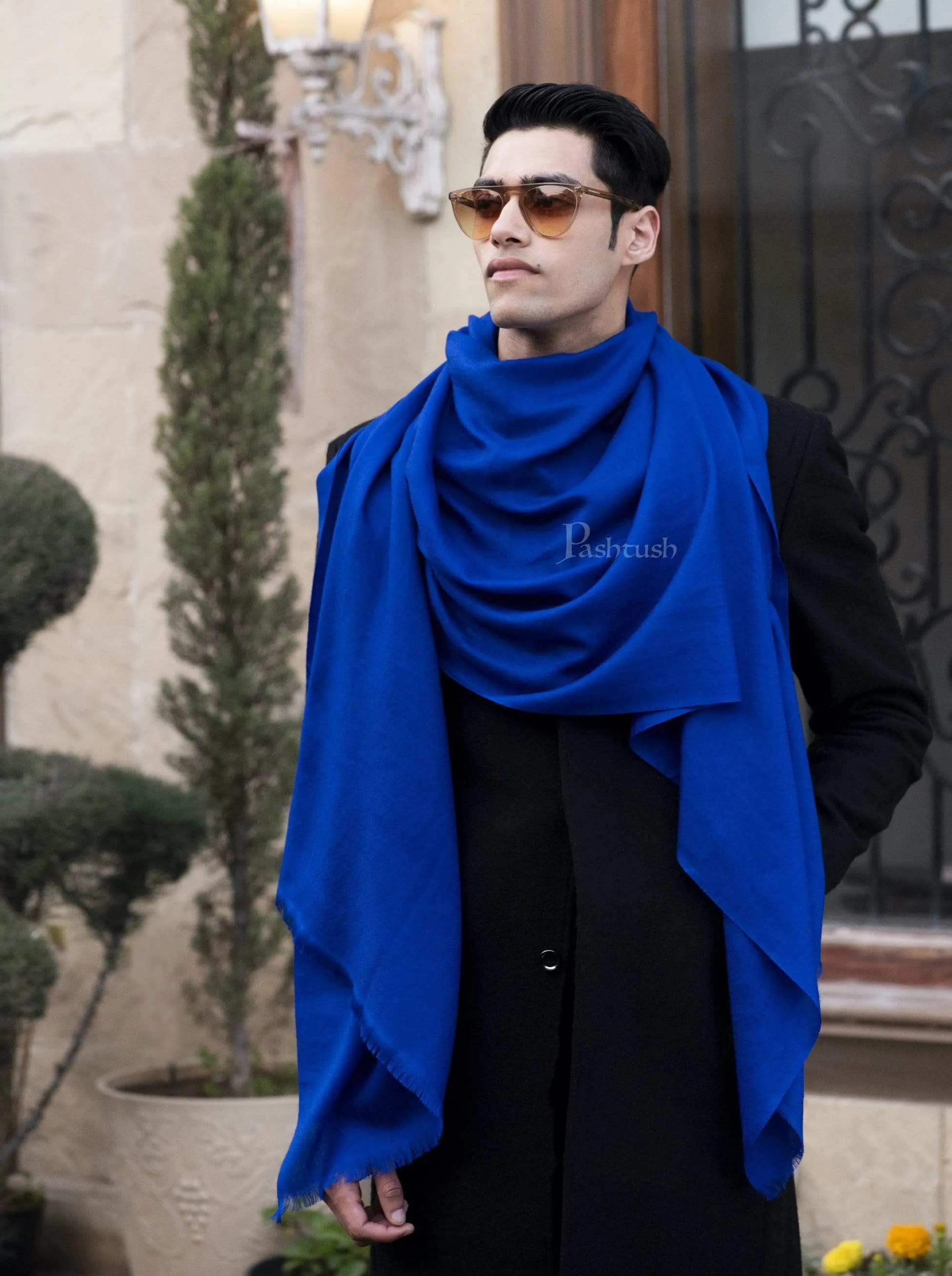 Pashtush Mens Cashmere Wool Scarf, Diamond Weave, Azure Blue