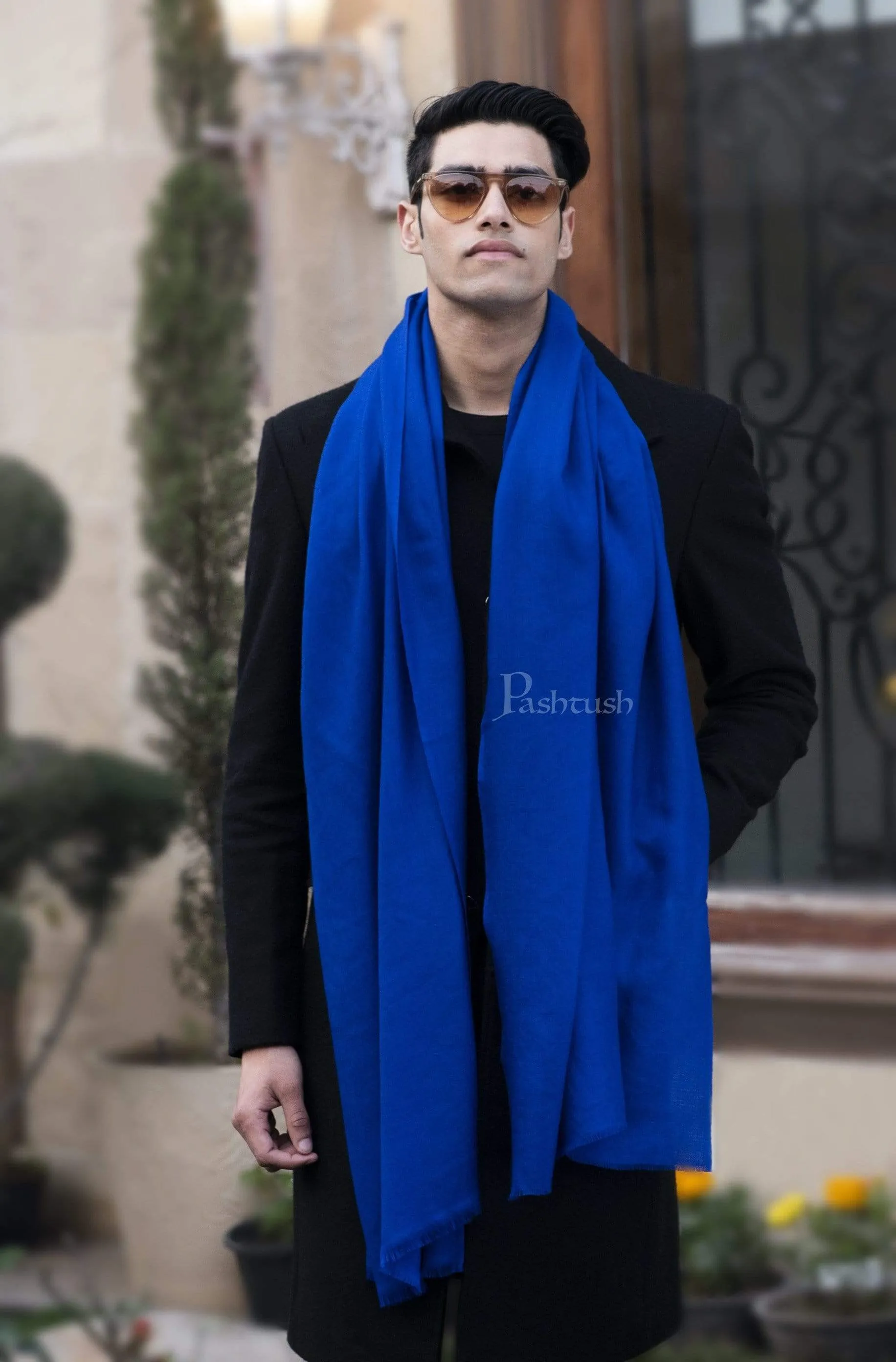 Pashtush Mens Cashmere Wool Scarf, Diamond Weave, Azure Blue