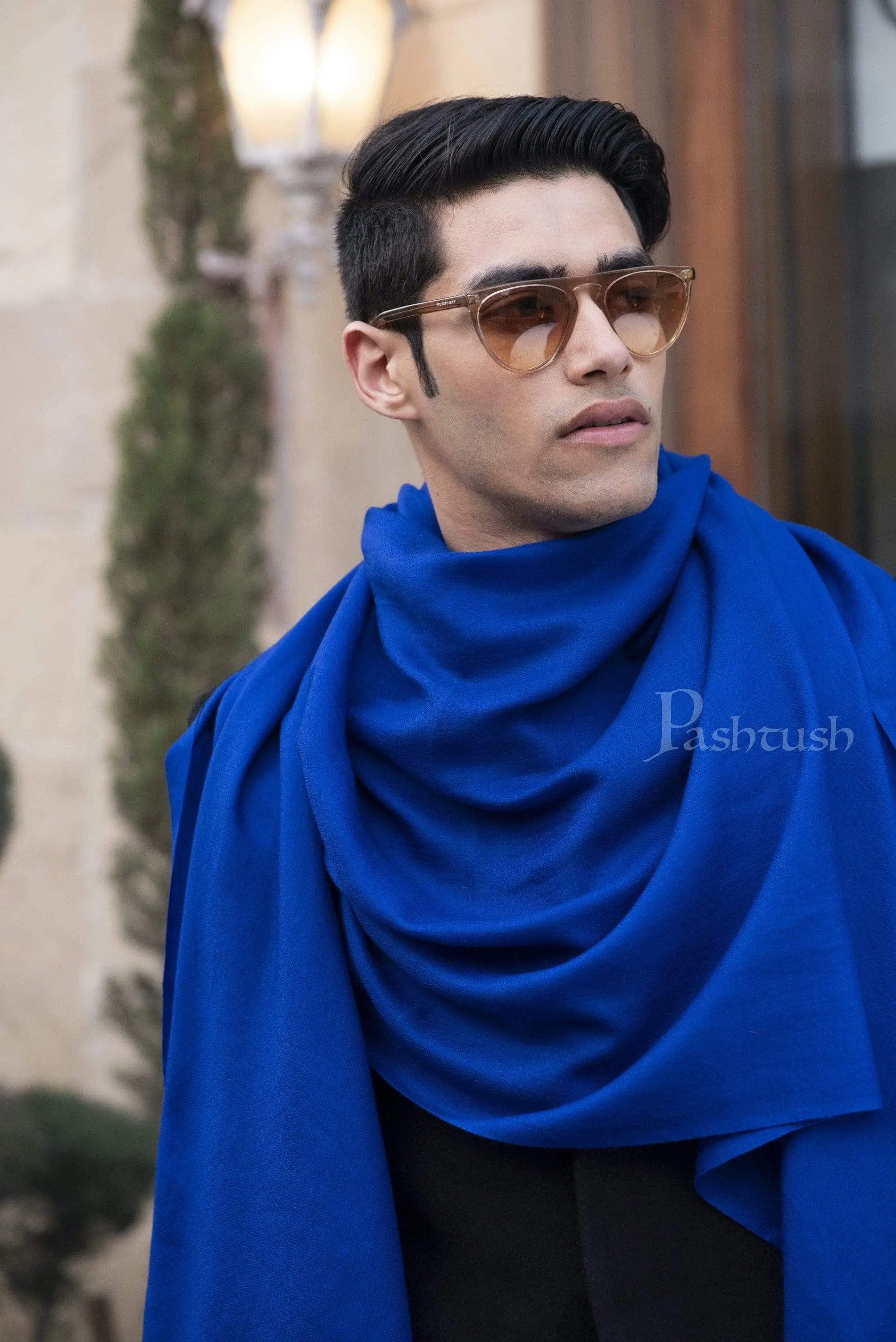 Pashtush Mens Cashmere Wool Scarf, Diamond Weave, Azure Blue