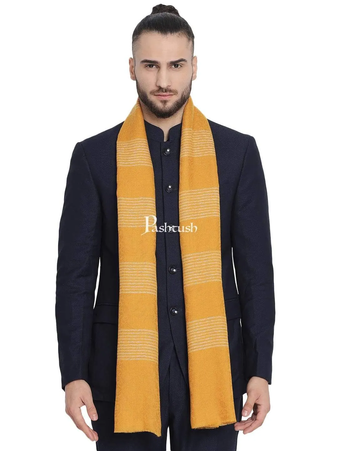 Pashtush Mens Fine Wool Striped Muffler, Soft And Warm Stole Scarf, Yellow