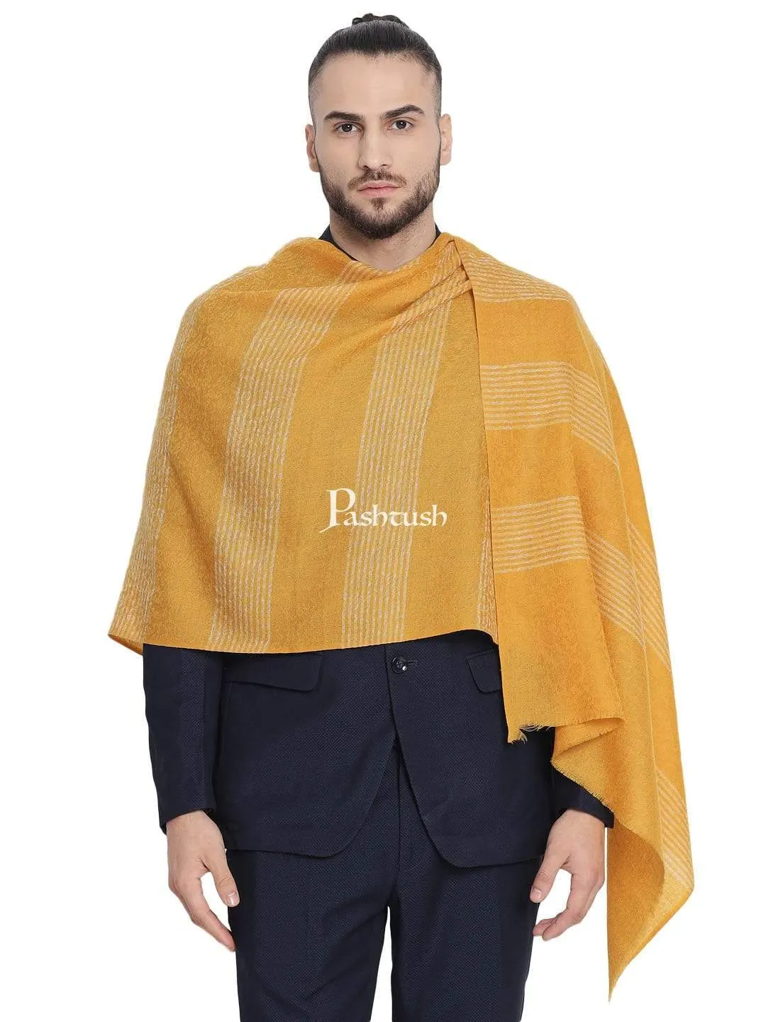 Pashtush Mens Fine Wool Striped Muffler, Soft And Warm Stole Scarf, Yellow