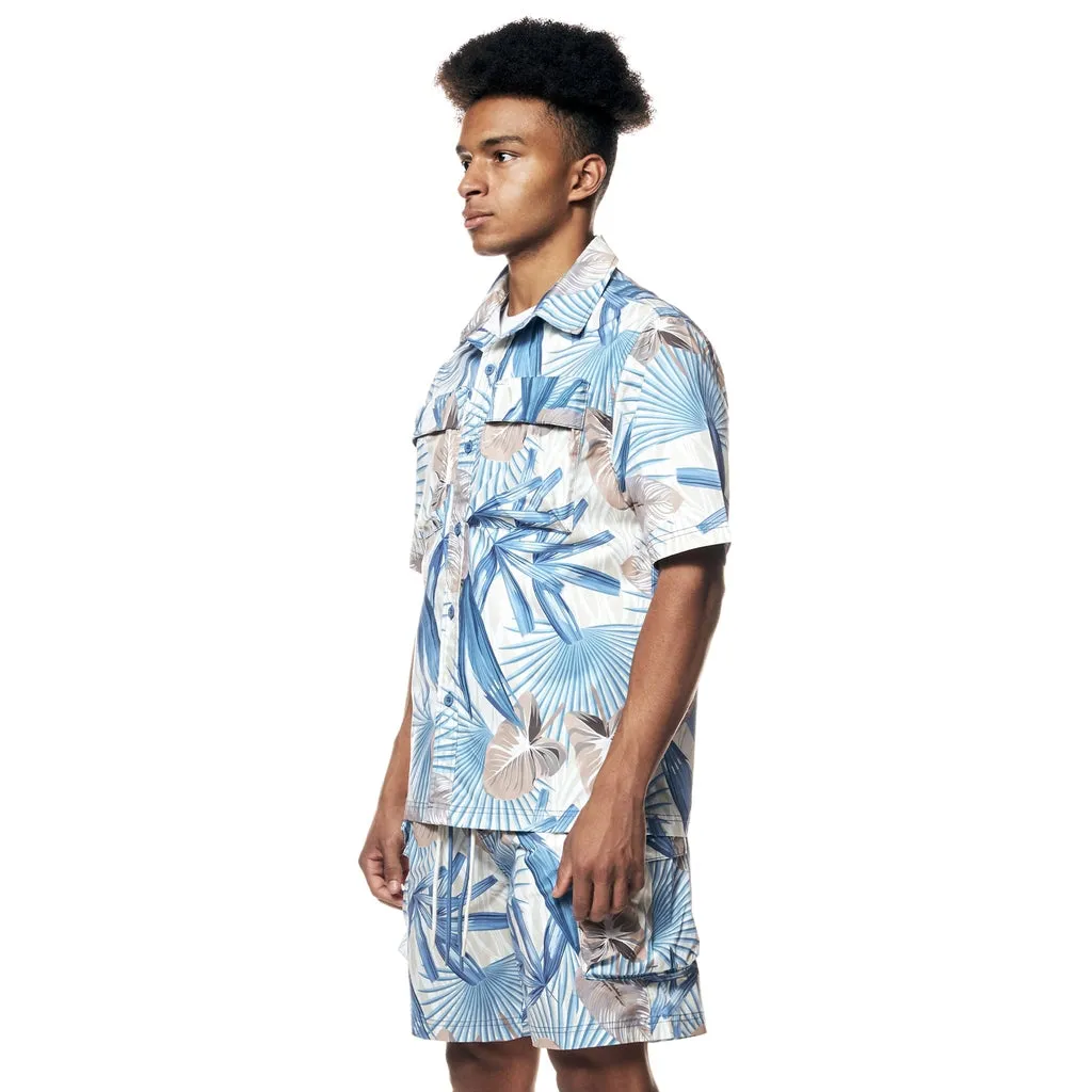 Printed Short Sleeve Woven Windbreaker Shirt - Tropic Blue