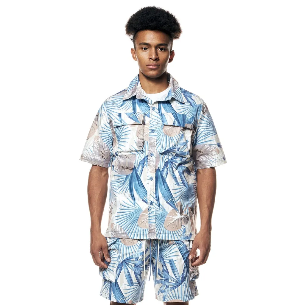 Printed Short Sleeve Woven Windbreaker Shirt - Tropic Blue