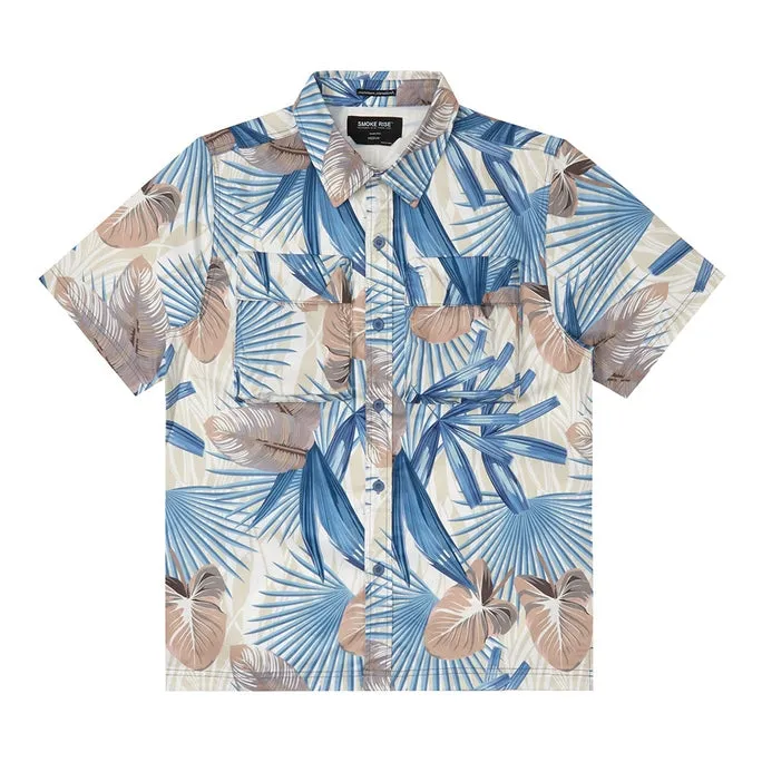 Printed Short Sleeve Woven Windbreaker Shirt - Tropic Blue