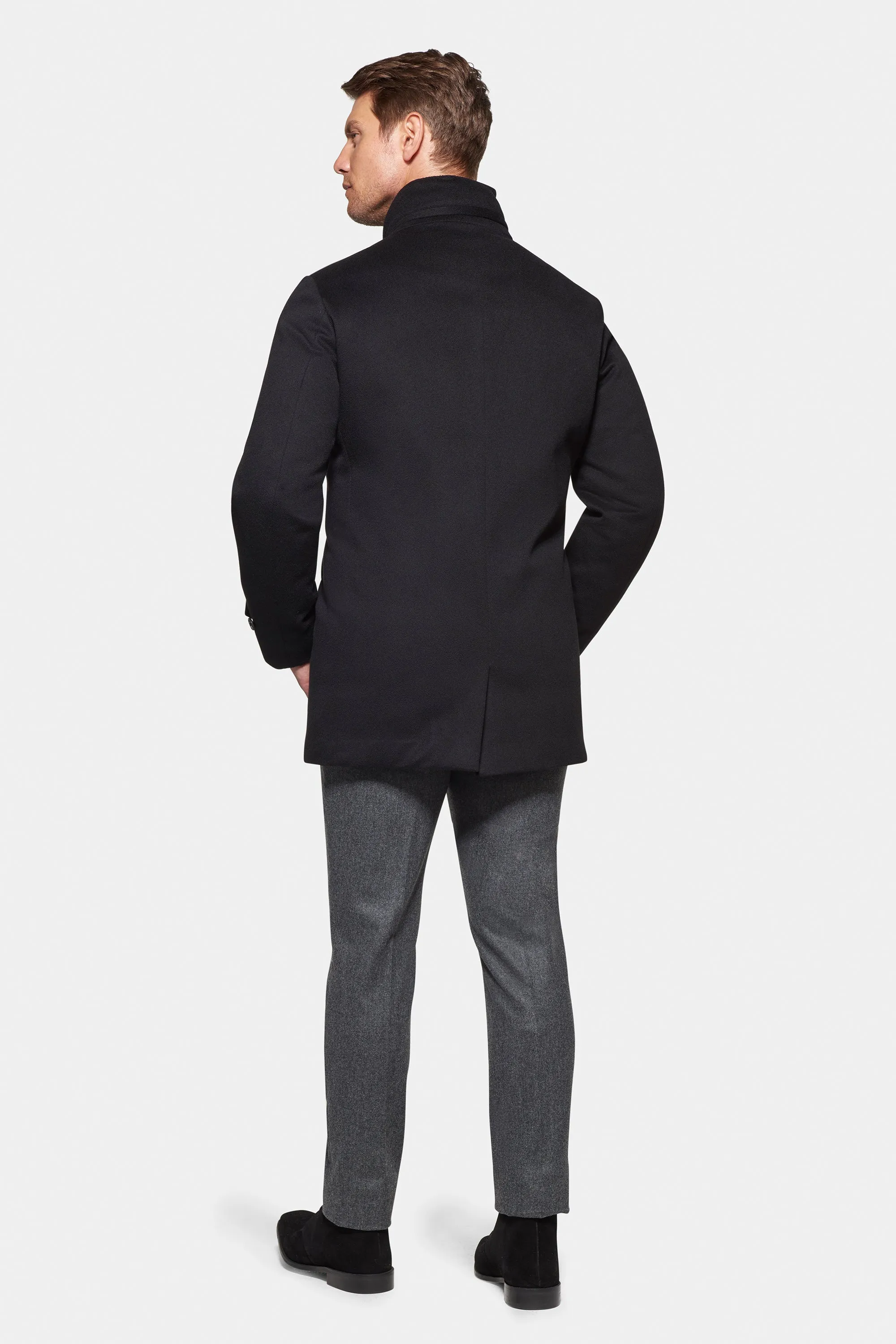 Pure Cashmere Hooded Car Coat, Black