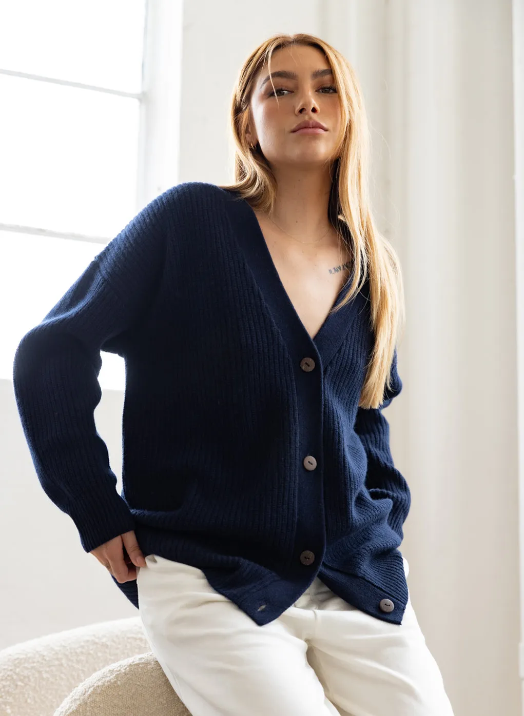 Ribbed Cashmere Oversized Cardigan Sweater in New Navy