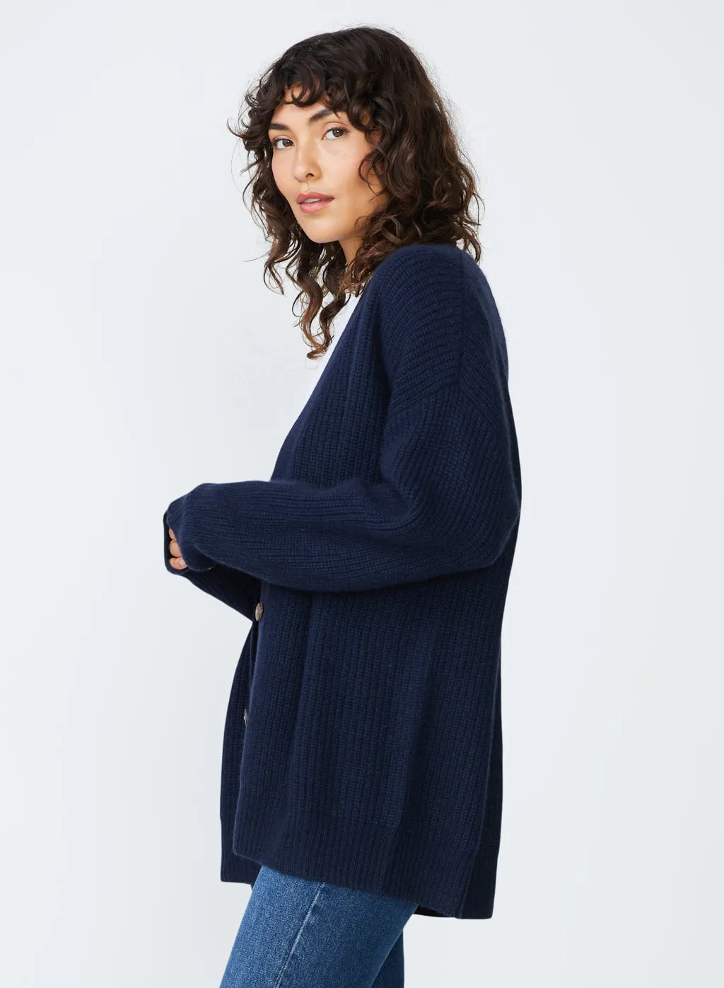 Ribbed Cashmere Oversized Cardigan Sweater in New Navy