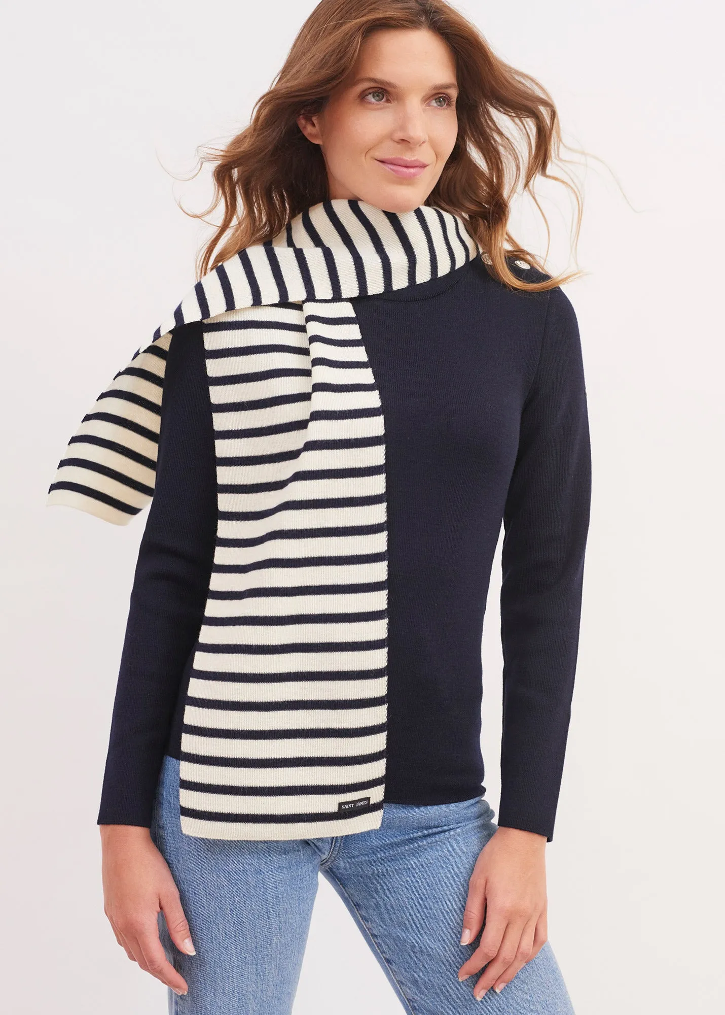 Striped scarf - in pure new wool (ECRU/MARINE)