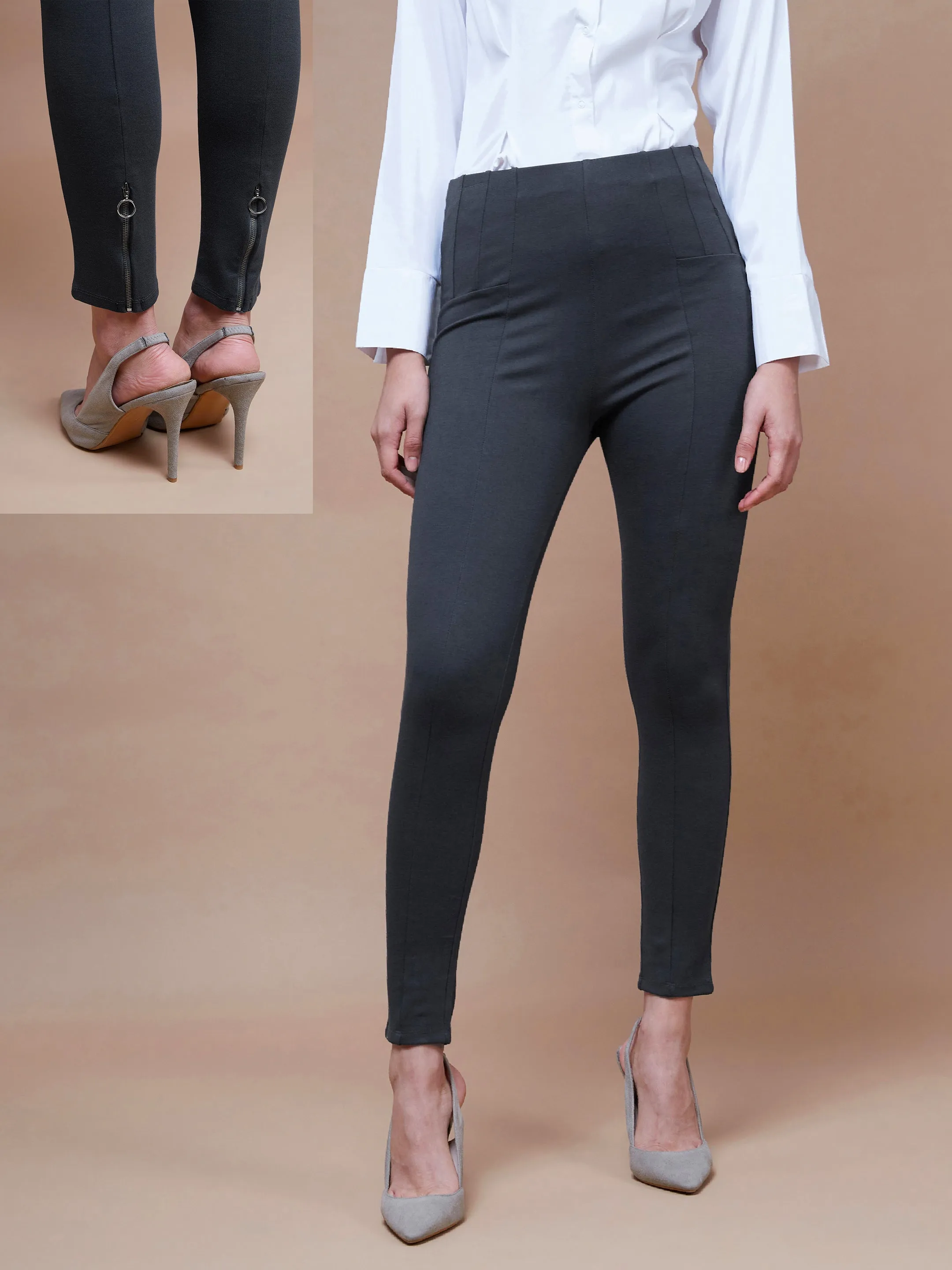 Women Grey Bottom Zipper Jeggings