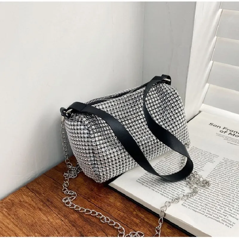 Zipper Design Rhinestone Decorative Crossbody Bag