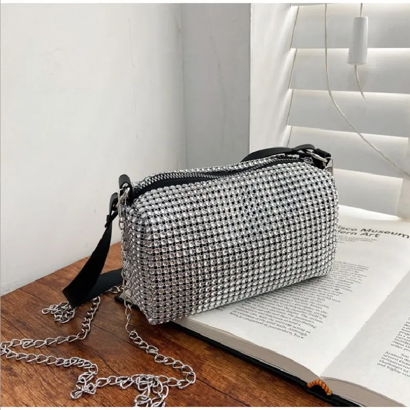 Zipper Design Rhinestone Decorative Crossbody Bag