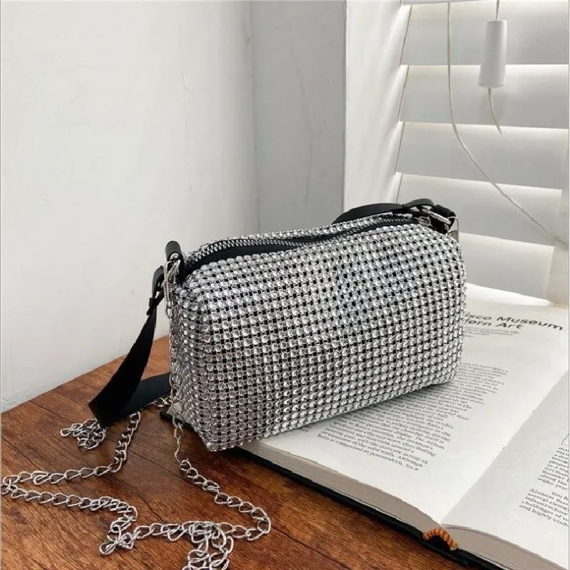 Zipper Design Rhinestone Decorative Crossbody Bag